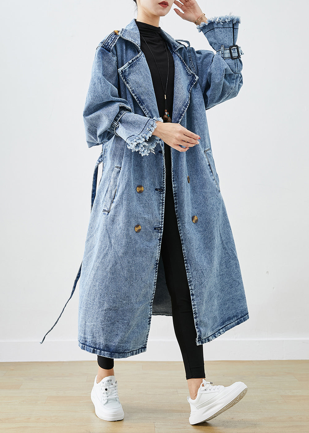 Art Light Blue Lapel Double Breast Denim Trench Coats Fall Ada Fashion