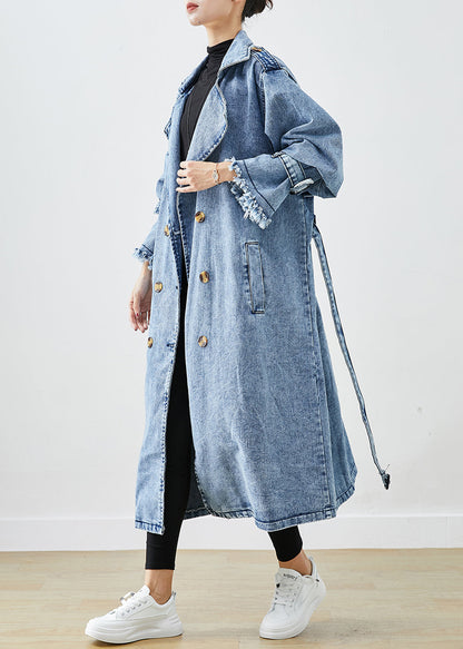 Art Light Blue Lapel Double Breast Denim Trench Coats Fall Ada Fashion