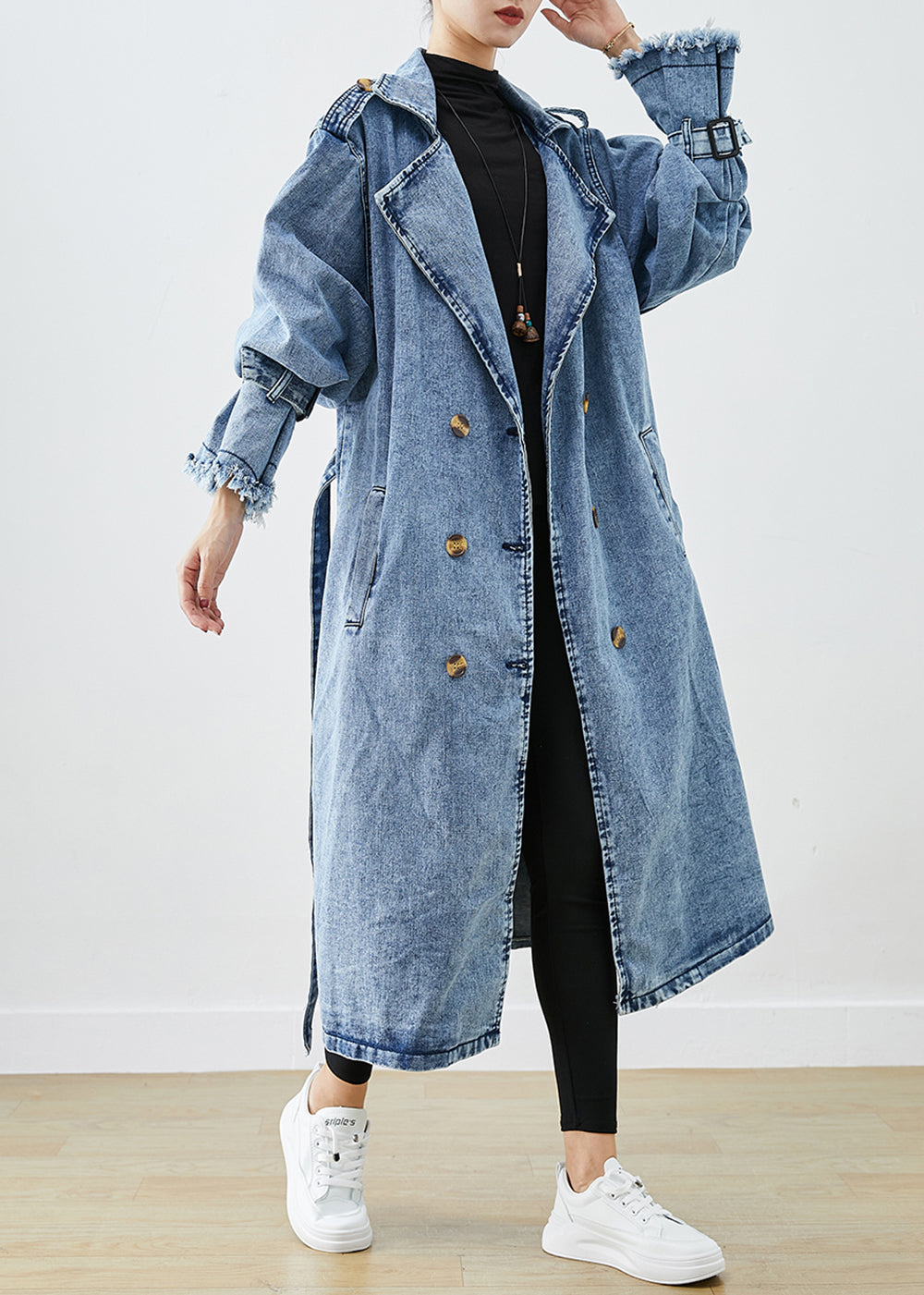 Art Light Blue Lapel Double Breast Denim Trench Coats Fall Ada Fashion