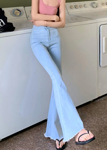 Art Light Blue Pockets Patchwork Flared Trousers Summer LY7928