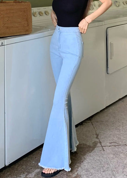 Art Light Blue Pockets Patchwork Flared Trousers Summer LY7928