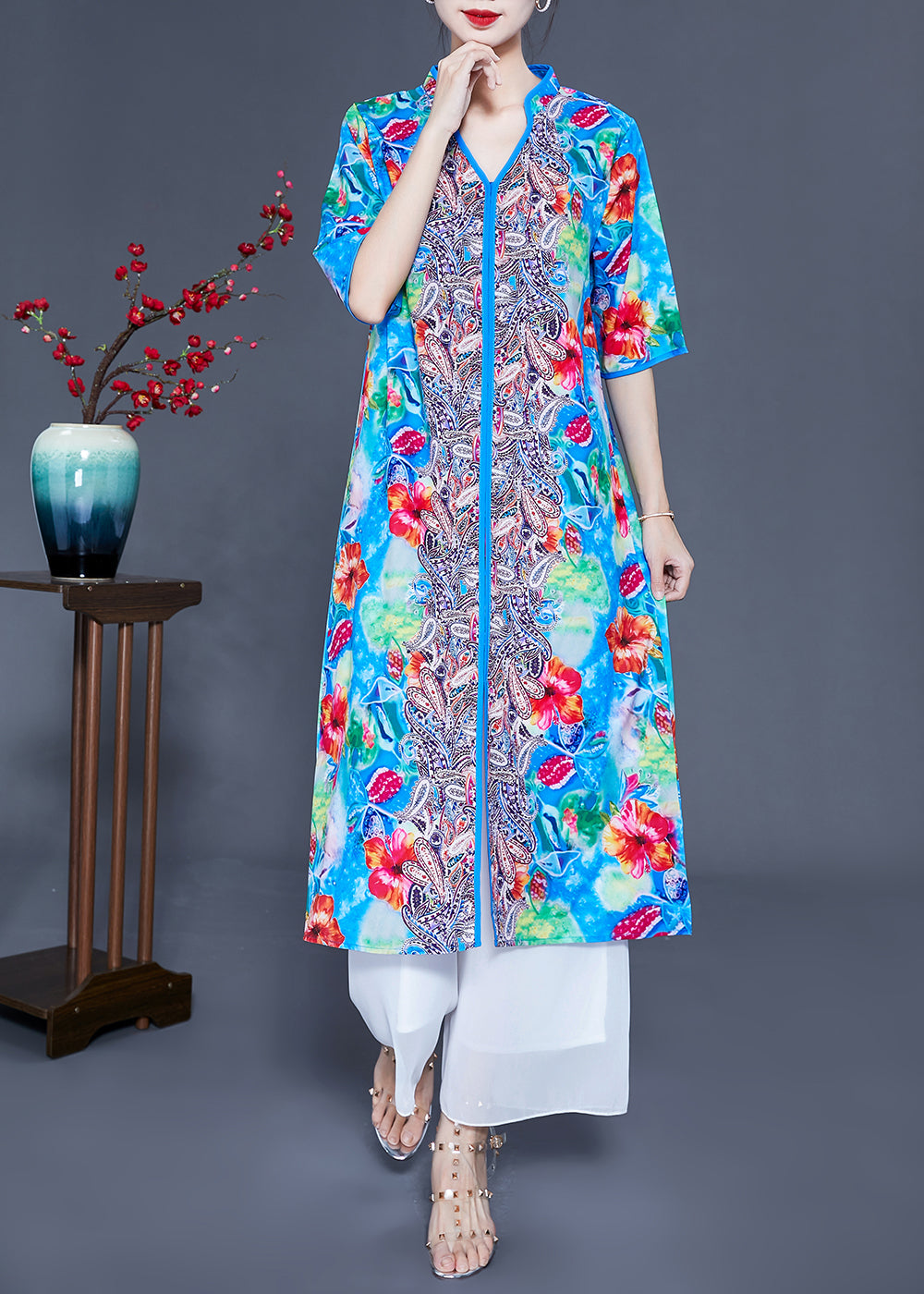 Art Light Blue V Neck Patchwork Print Side Open Silk Beach Dresses Summer LY0925 - fabuloryshop