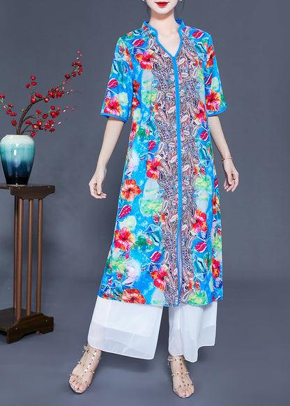 Art Light Blue V Neck Patchwork Print Side Open Silk Beach Dresses Summer LY0925 - fabuloryshop