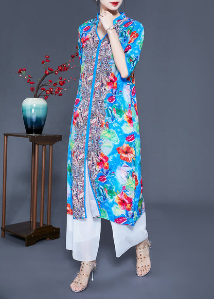 Art Light Blue V Neck Patchwork Print Side Open Silk Beach Dresses Summer LY0925 - fabuloryshop