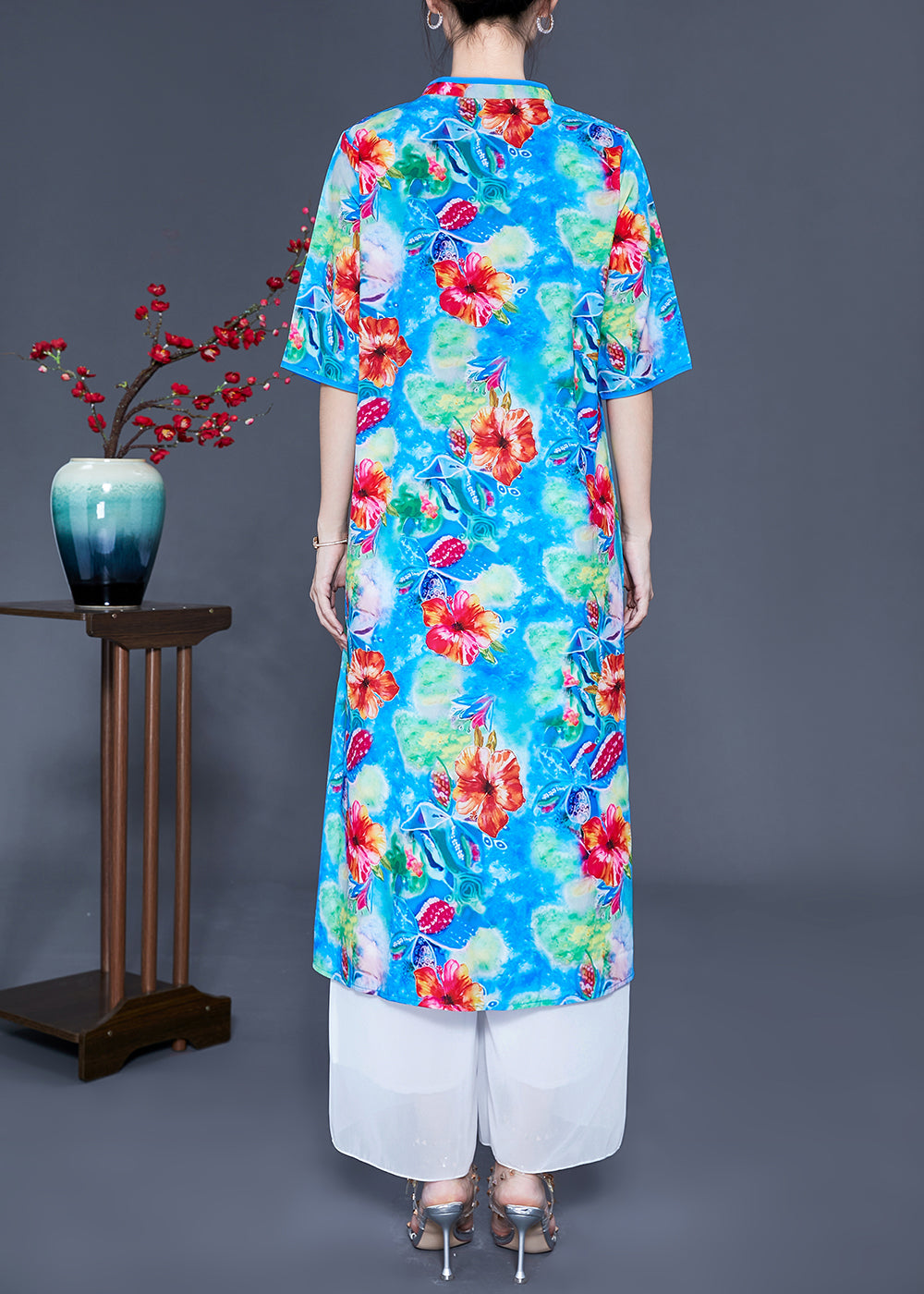 Art Light Blue V Neck Patchwork Print Side Open Silk Beach Dresses Summer LY0925 - fabuloryshop