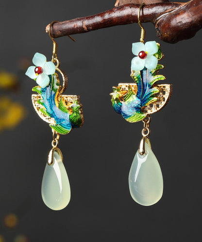 Art Light Green Jade Cloisonne Gem Stone Floral Drip Drop Earrings LY2204 - fabuloryshop