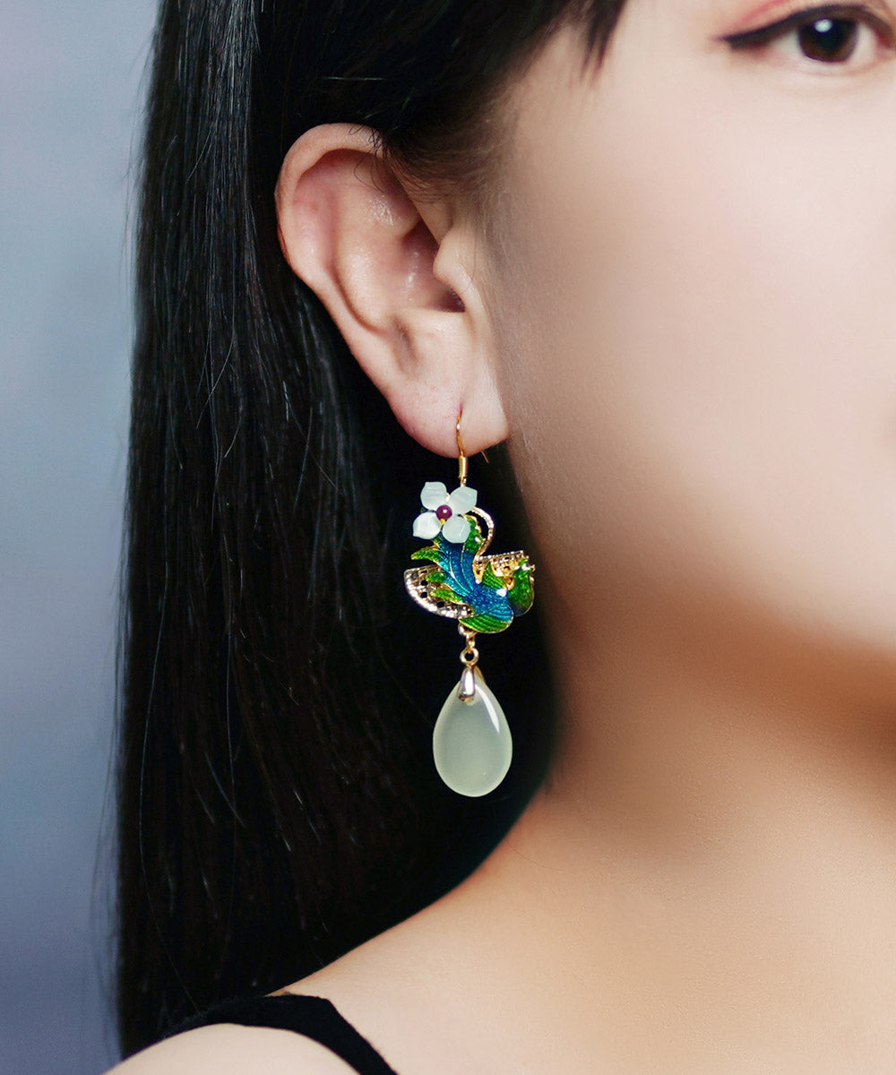 Art Light Green Jade Cloisonne Gem Stone Floral Drip Drop Earrings LY2204 - fabuloryshop