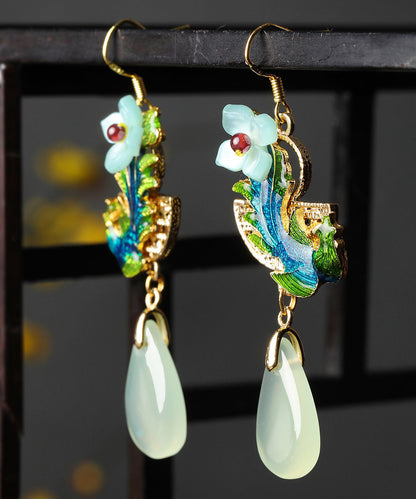 Art Light Green Jade Cloisonne Gem Stone Floral Drip Drop Earrings LY2204 - fabuloryshop