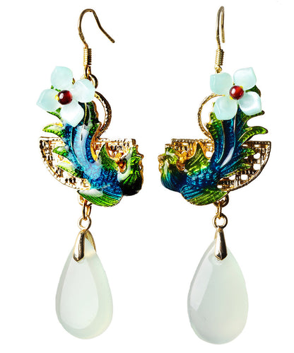 Art Light Green Jade Cloisonne Gem Stone Floral Drip Drop Earrings LY2204 - fabuloryshop