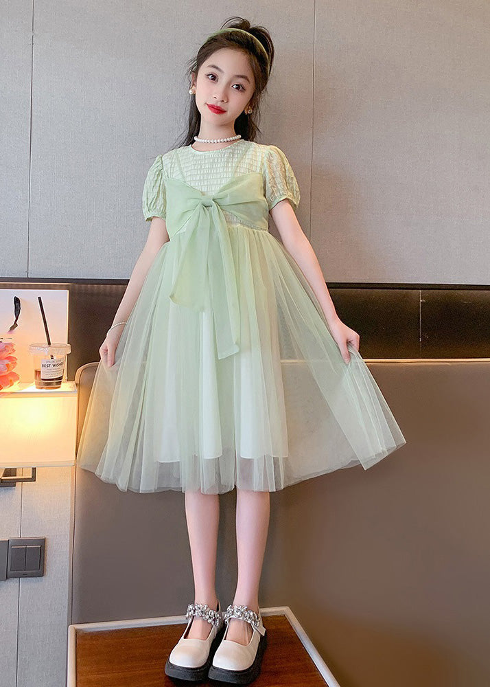 Art Light Green O-Neck Bow Tulle Kids Long Dresses Summer LY6456 - fabuloryshop