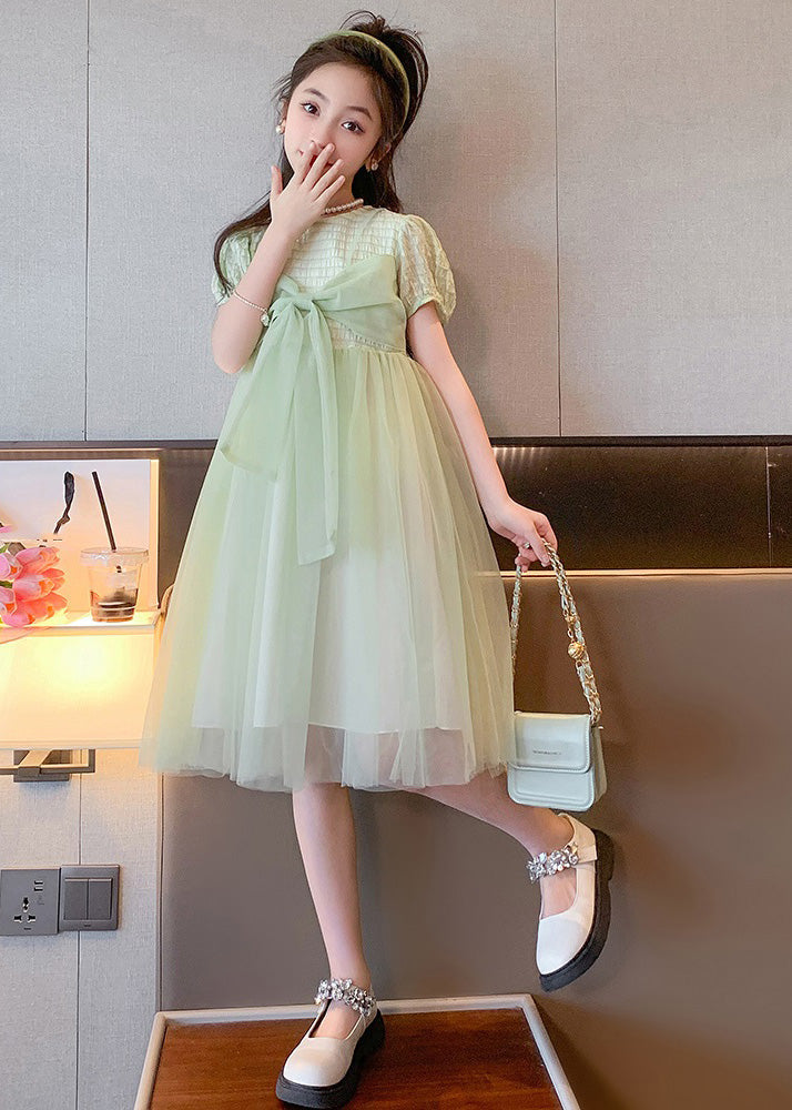 Art Light Green O-Neck Bow Tulle Kids Long Dresses Summer LY6456 - fabuloryshop