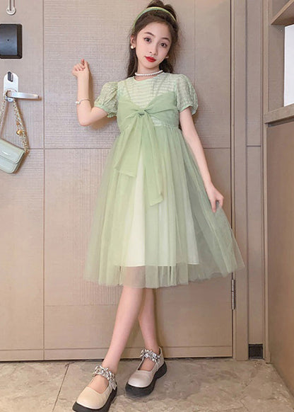 Art Light Green O-Neck Bow Tulle Kids Long Dresses Summer LY6456 - fabuloryshop