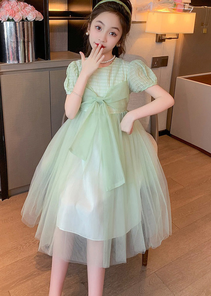 Art Light Green O-Neck Bow Tulle Kids Long Dresses Summer LY6456 - fabuloryshop