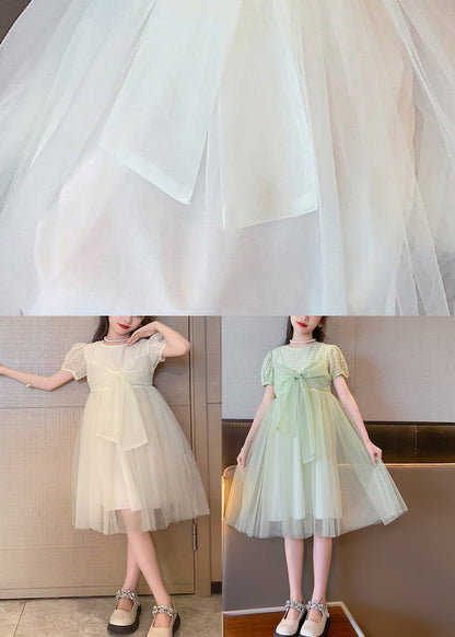 Art Light Green O-Neck Bow Tulle Kids Long Dresses Summer LY6456 - fabuloryshop