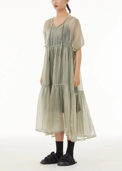 Art Light Green Oversized Lace Up Tulle Dress Women Sets 2 Pieces Summer TS1039 - fabuloryshop