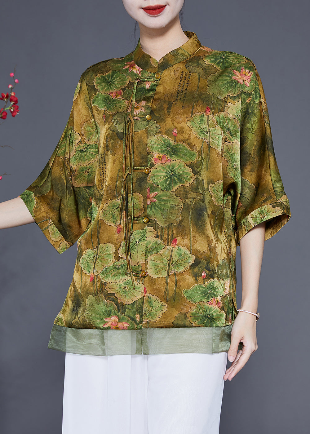 Art Light Green Stand Collar Patchwork Print Tassel Silk Top Half Sleeve LY1776 - fabuloryshop