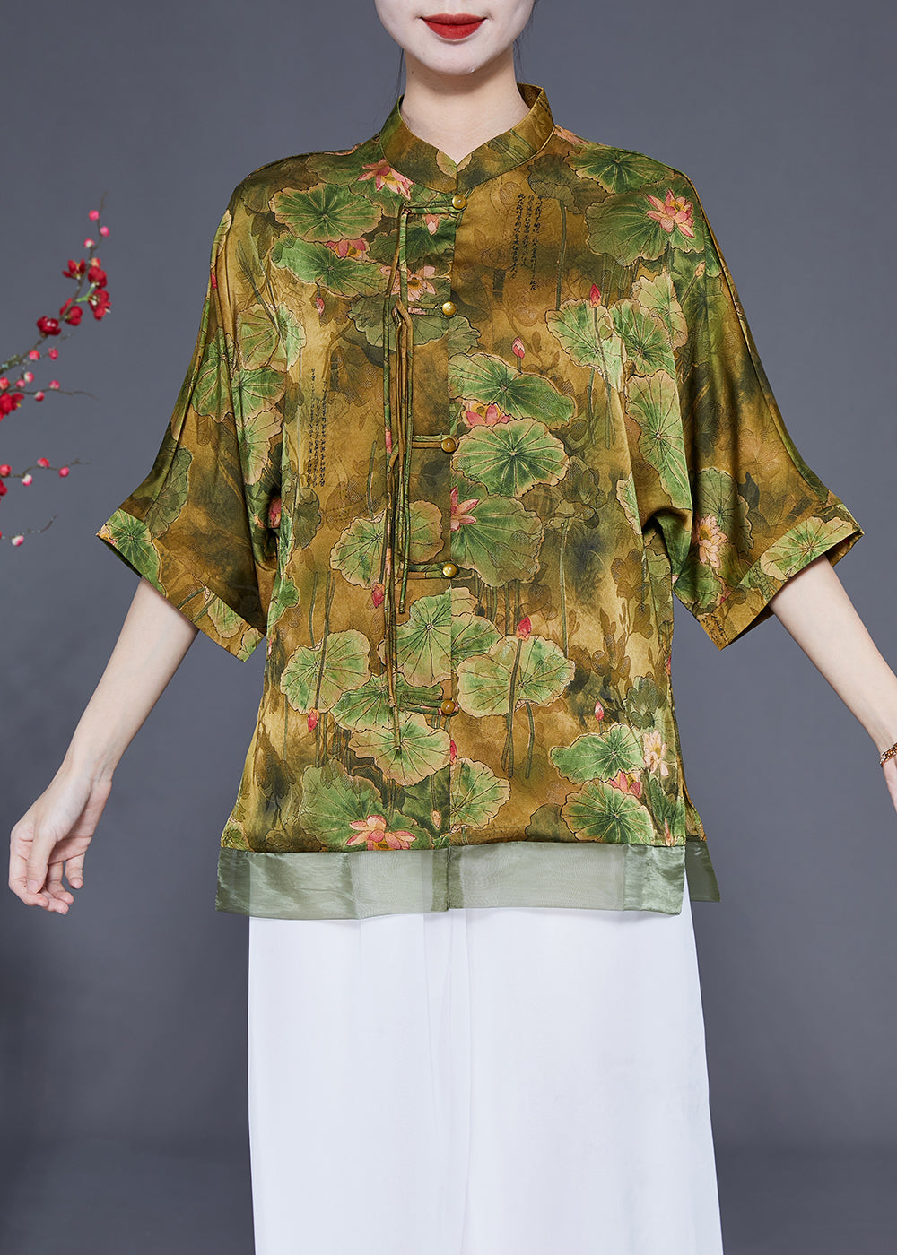 Art Light Green Stand Collar Patchwork Print Tassel Silk Top Half Sleeve LY1776 - fabuloryshop