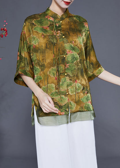 Art Light Green Stand Collar Patchwork Print Tassel Silk Top Half Sleeve LY1776 - fabuloryshop