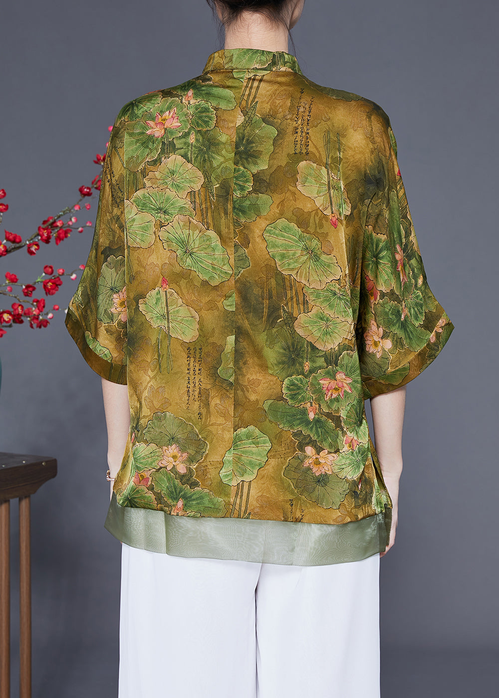 Art Light Green Stand Collar Patchwork Print Tassel Silk Top Half Sleeve LY1776 - fabuloryshop