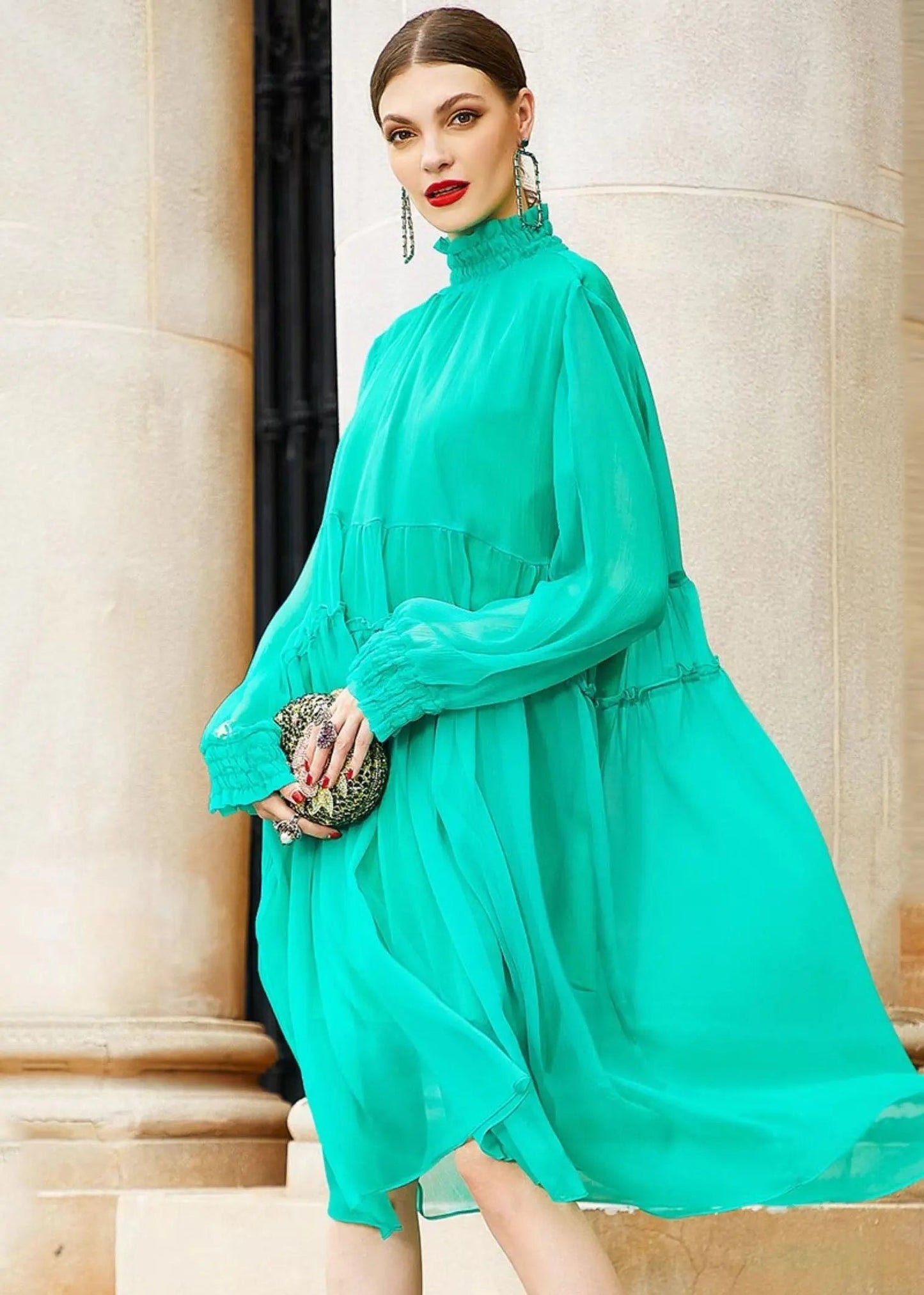 Art Light Green Turtleneck Patchwork Wrinkled Solid Silk Mid Dress Fall Ada Fashion