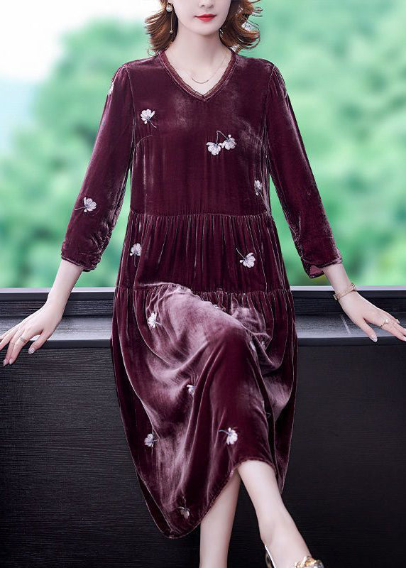 Art Mulberry Embroideried Patchwork Wrinkled Silk Velour Dress Spring LY3720 - fabuloryshop