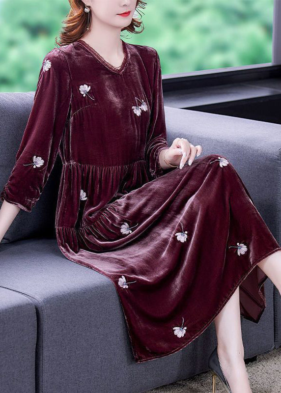 Art Mulberry Embroideried Patchwork Wrinkled Silk Velour Dress Spring LY3720 - fabuloryshop