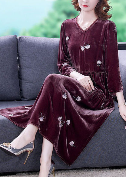 Art Mulberry Embroideried Patchwork Wrinkled Silk Velour Dress Spring LY3720 - fabuloryshop