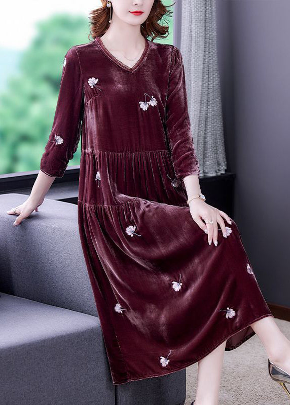 Art Mulberry Embroideried Patchwork Wrinkled Silk Velour Dress Spring LY3720 - fabuloryshop