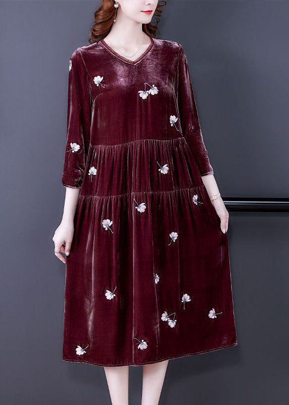 Art Mulberry Embroideried Patchwork Wrinkled Silk Velour Dress Spring LY3720 - fabuloryshop