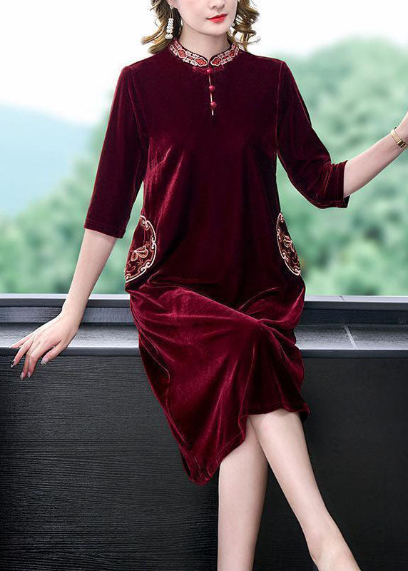 Art Mulberry Mandarin Collar Embroideried Silk Velour A Line Dress Half Sleeve LC0207 - fabuloryshop