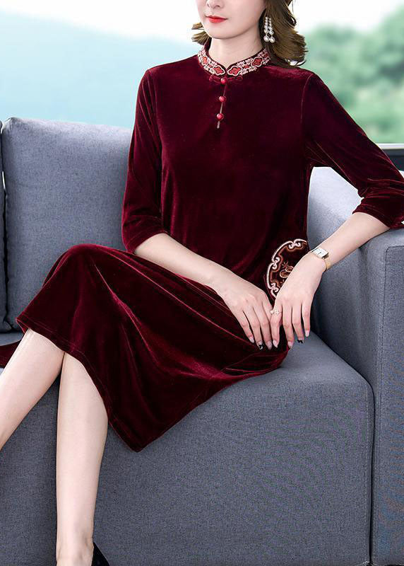 Art Mulberry Mandarin Collar Embroideried Silk Velour A Line Dress Half Sleeve LC0207 - fabuloryshop