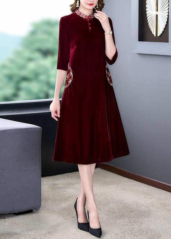 Art Mulberry Mandarin Collar Embroideried Silk Velour A Line Dress Half Sleeve LC0207 - fabuloryshop