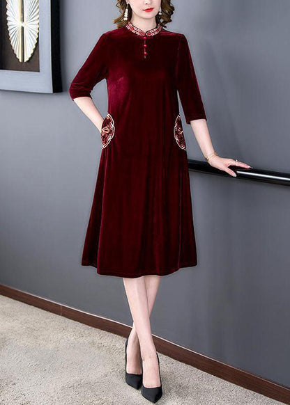 Art Mulberry Mandarin Collar Embroideried Silk Velour A Line Dress Half Sleeve LC0207 - fabuloryshop