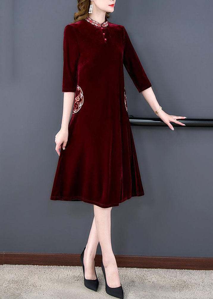 Art Mulberry Mandarin Collar Embroideried Silk Velour A Line Dress Half Sleeve LC0207 - fabuloryshop