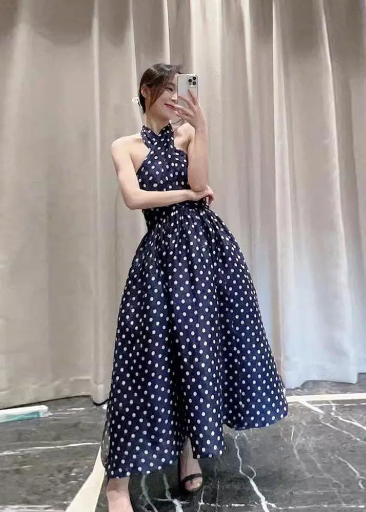 Art Navy Blue Dot Print A Line Dresses Summer Ada Fashion