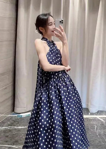 Art Navy Blue Dot Print A Line Dresses Summer Ada Fashion