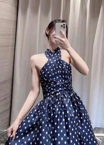 Art Navy Blue Dot Print A Line Dresses Summer Ada Fashion