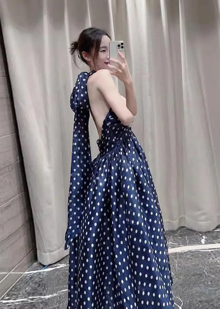 Art Navy Blue Dot Print A Line Dresses Summer Ada Fashion