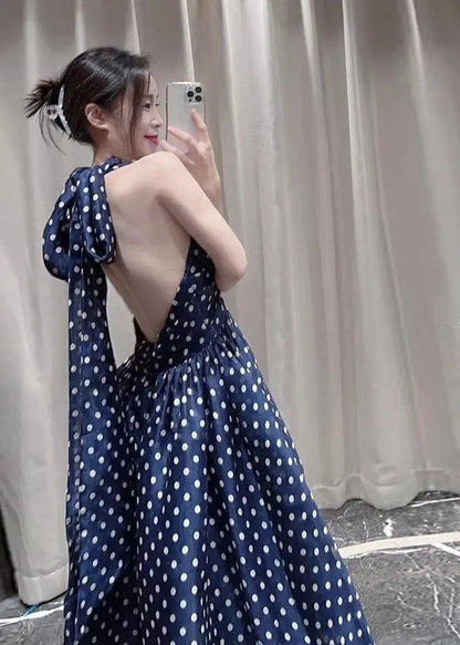 Art Navy Blue Dot Print A Line Dresses Summer Ada Fashion