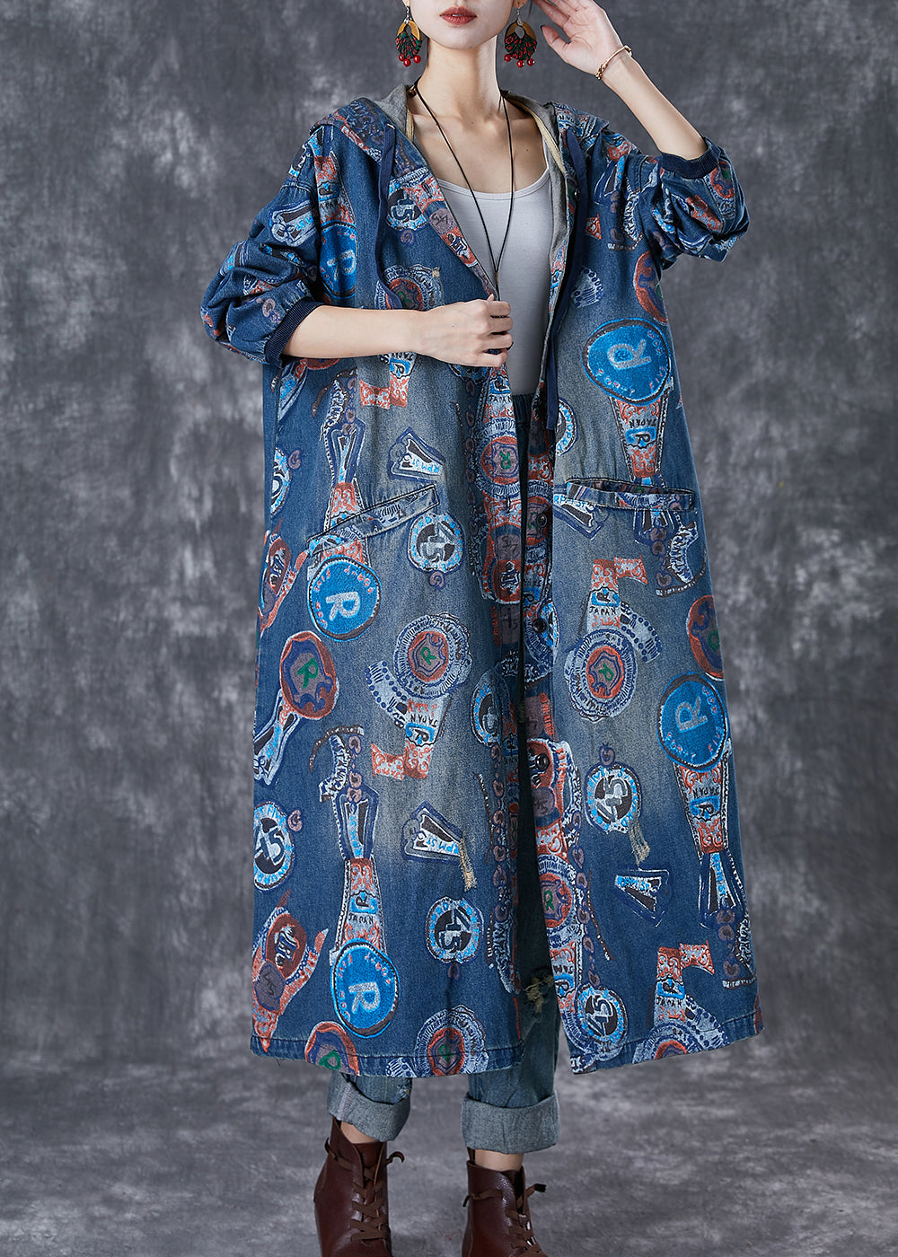 Art Navy Hooded Oversized Print Cotton Trench Coats Fall Ada Fashion