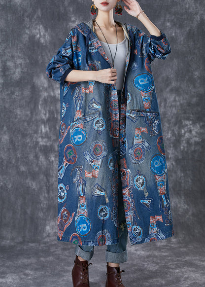 Art Navy Hooded Oversized Print Cotton Trench Coats Fall Ada Fashion