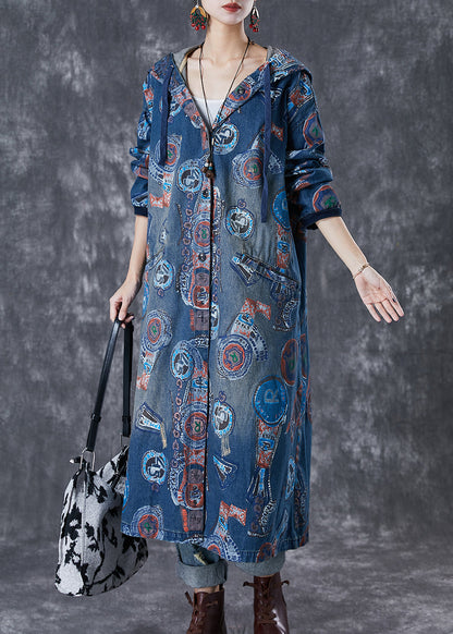 Art Navy Hooded Oversized Print Cotton Trench Coats Fall Ada Fashion