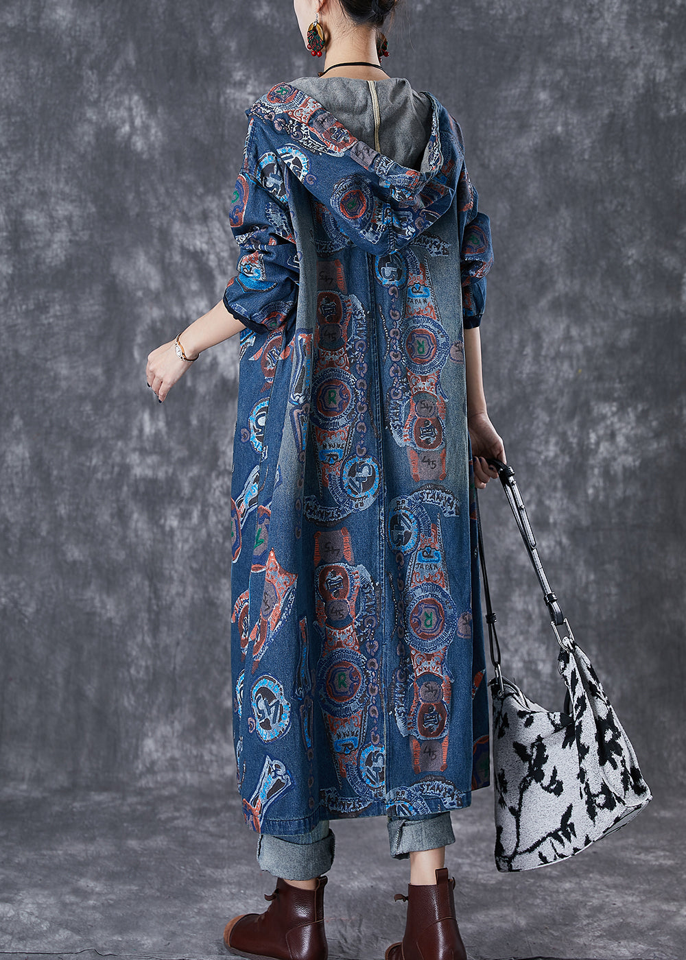 Art Navy Hooded Oversized Print Cotton Trench Coats Fall Ada Fashion