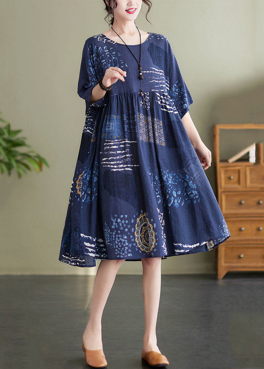 Art Navy O Neck Print Wrinkled Patchwork Cotton Mid Dresses Summer LY5634 - fabuloryshop