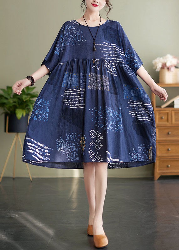 Art Navy O Neck Print Wrinkled Patchwork Cotton Mid Dresses Summer LY5634 - fabuloryshop