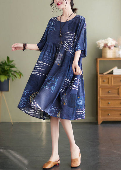 Art Navy O Neck Print Wrinkled Patchwork Cotton Mid Dresses Summer LY5634 - fabuloryshop