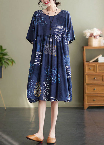 Art Navy O Neck Print Wrinkled Patchwork Cotton Mid Dresses Summer LY5634 - fabuloryshop