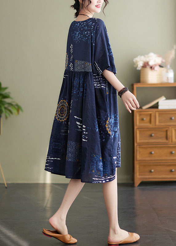 Art Navy O Neck Print Wrinkled Patchwork Cotton Mid Dresses Summer LY5634 - fabuloryshop