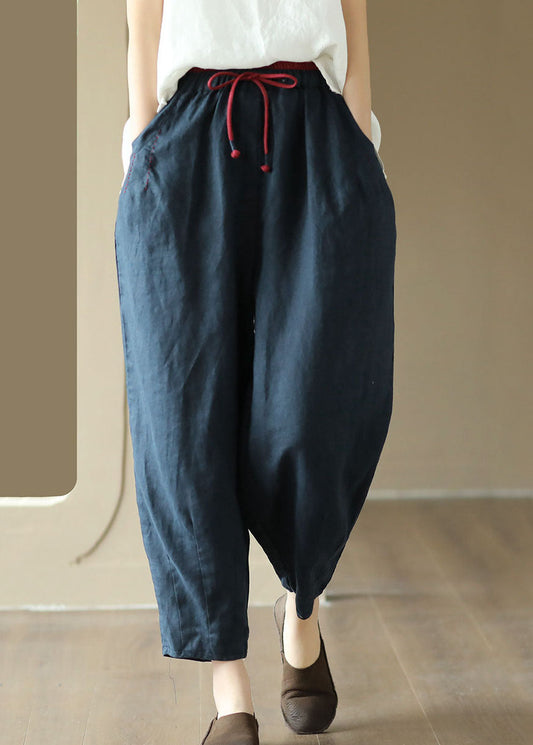 Art Navy Pockets Embroideried Patchwork Linen Pants Summer LY5049 - fabuloryshop