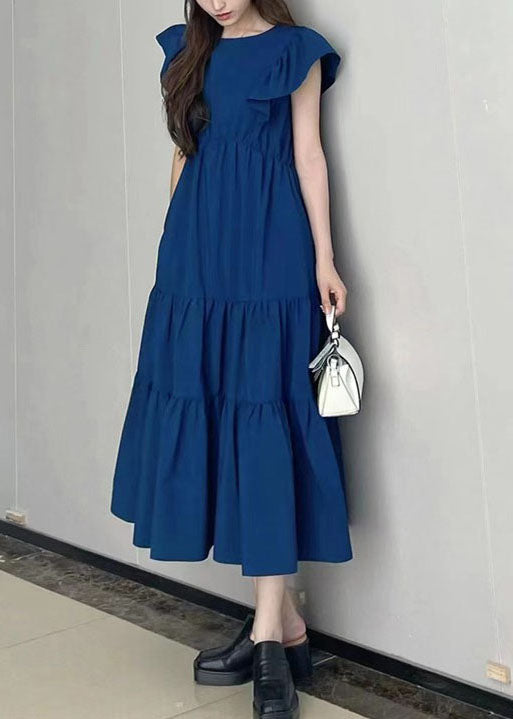 Art Navy Slim Fit Patchwork Wrinkled Cotton Long Dress Petal Sleeve LY1348 - fabuloryshop
